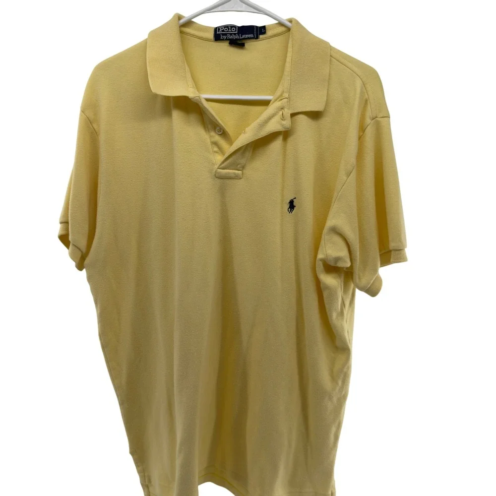 Polo Ralph Lauren Mens‎ Large Yellow Short Sleeve Cotton Polo Shirt Navy Pony